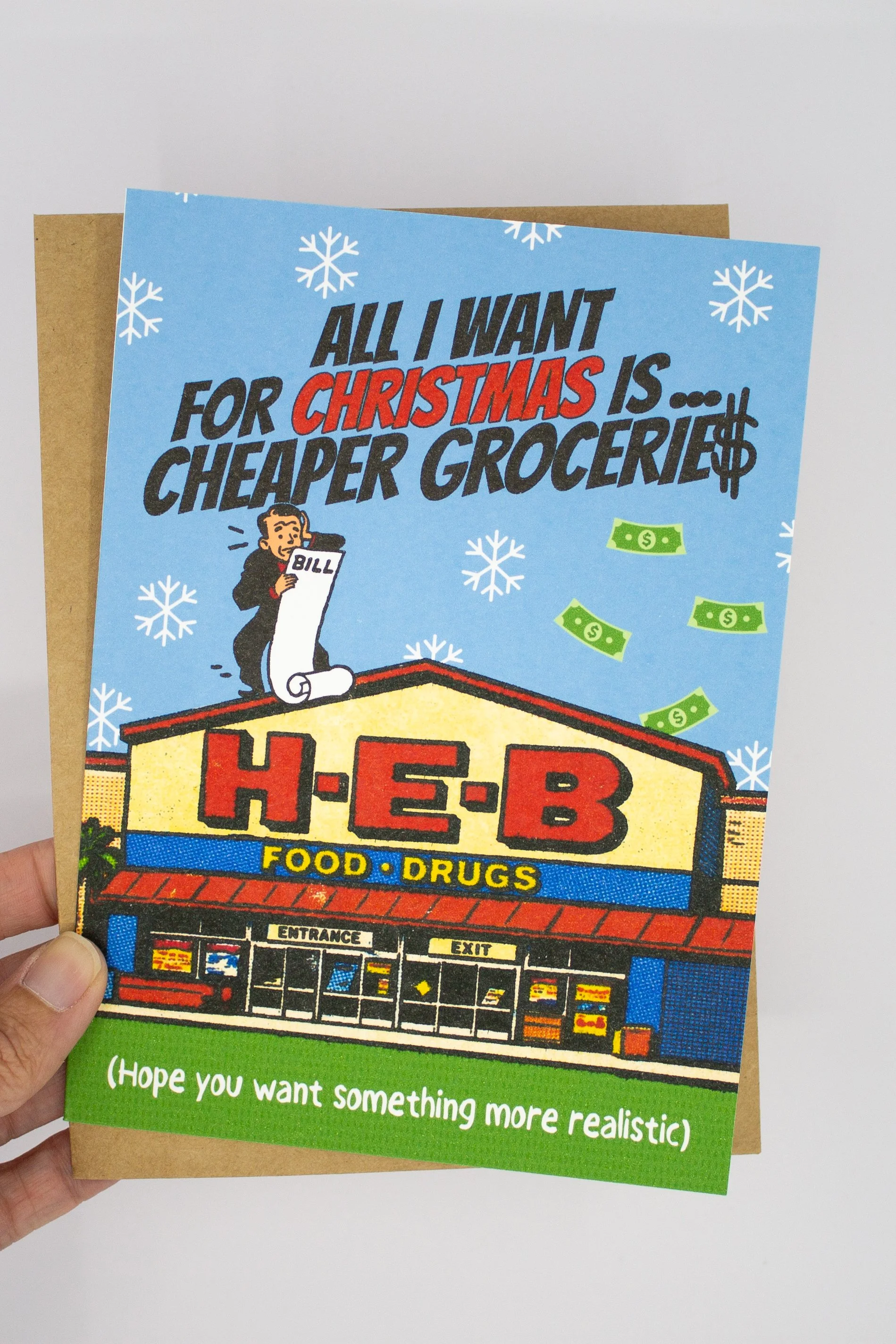 Funny Christmas greeting card featuring a risograph-style illustration inspired by a Texas grocery store and inflation rising prices