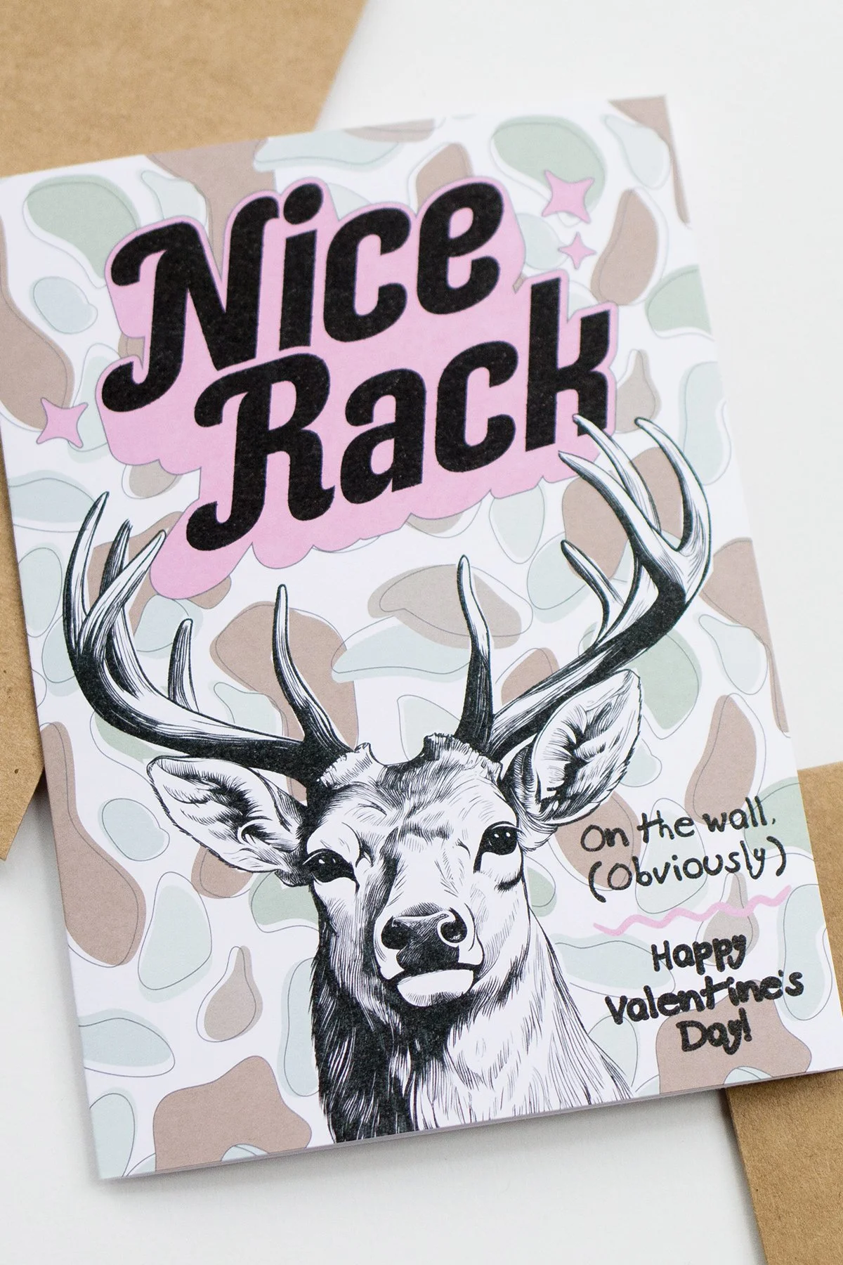 Funny 'Nice Rack' Deer Camo Valentine's Day Card - Blank Inside