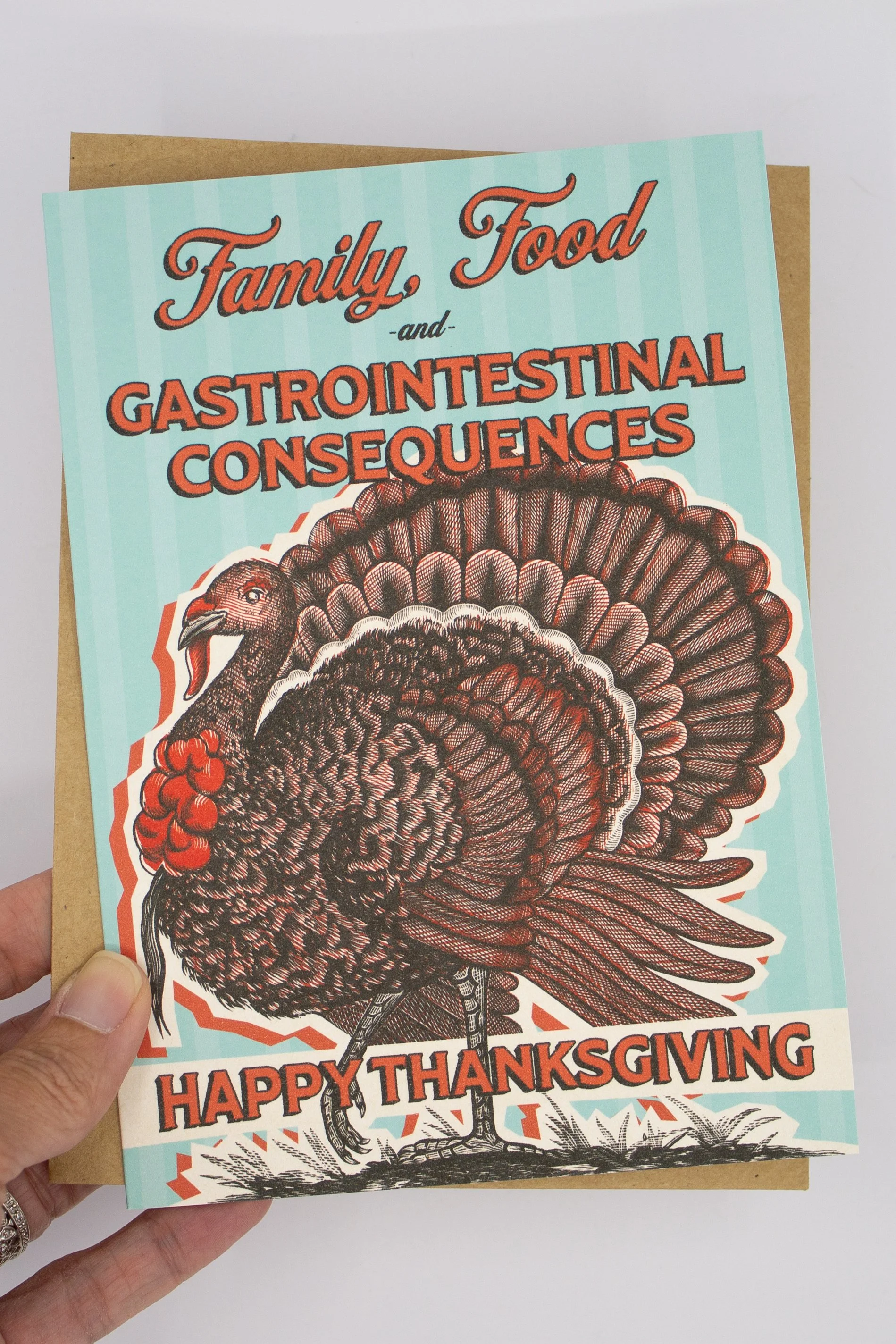 funny Thanksgiving greeting card features a vintage-style turkey with the painfully relatable message