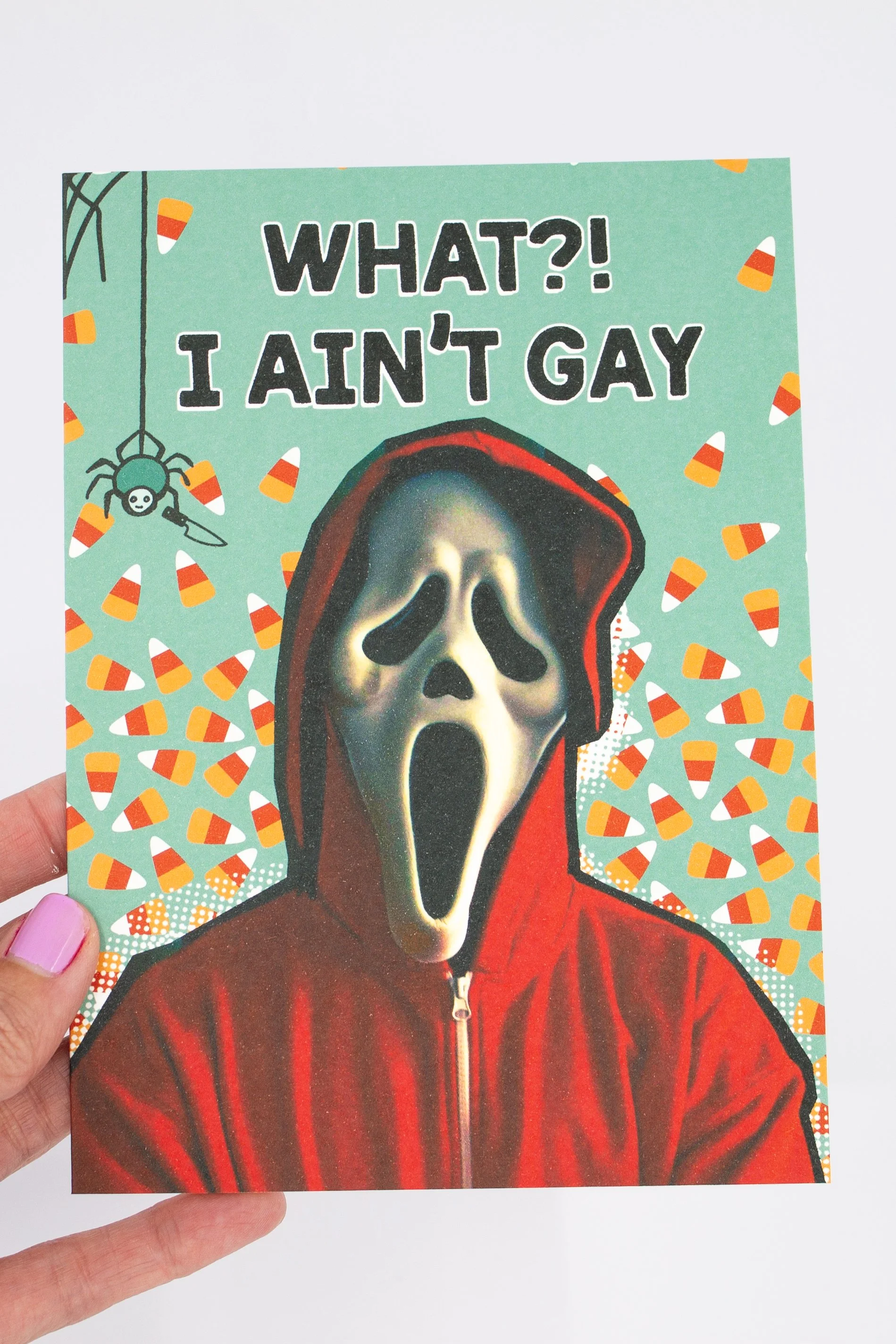 Parody style 2000s Scary Movie quote, Scream movie inspired Halloween card.