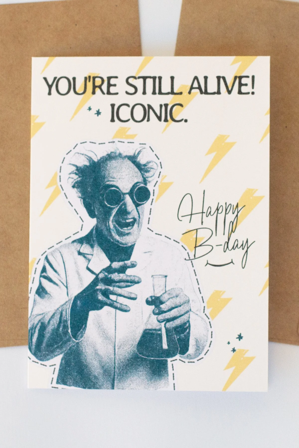 Sarcastic, retro mad scientist birthday card with lightening bolts