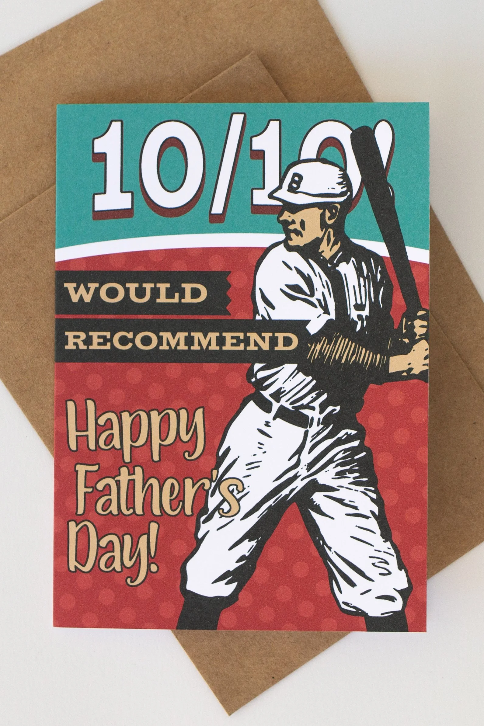 Tell your baseball loving fan dad Happy Father’s Day with this light-hearted and sarcastic red and teal card.