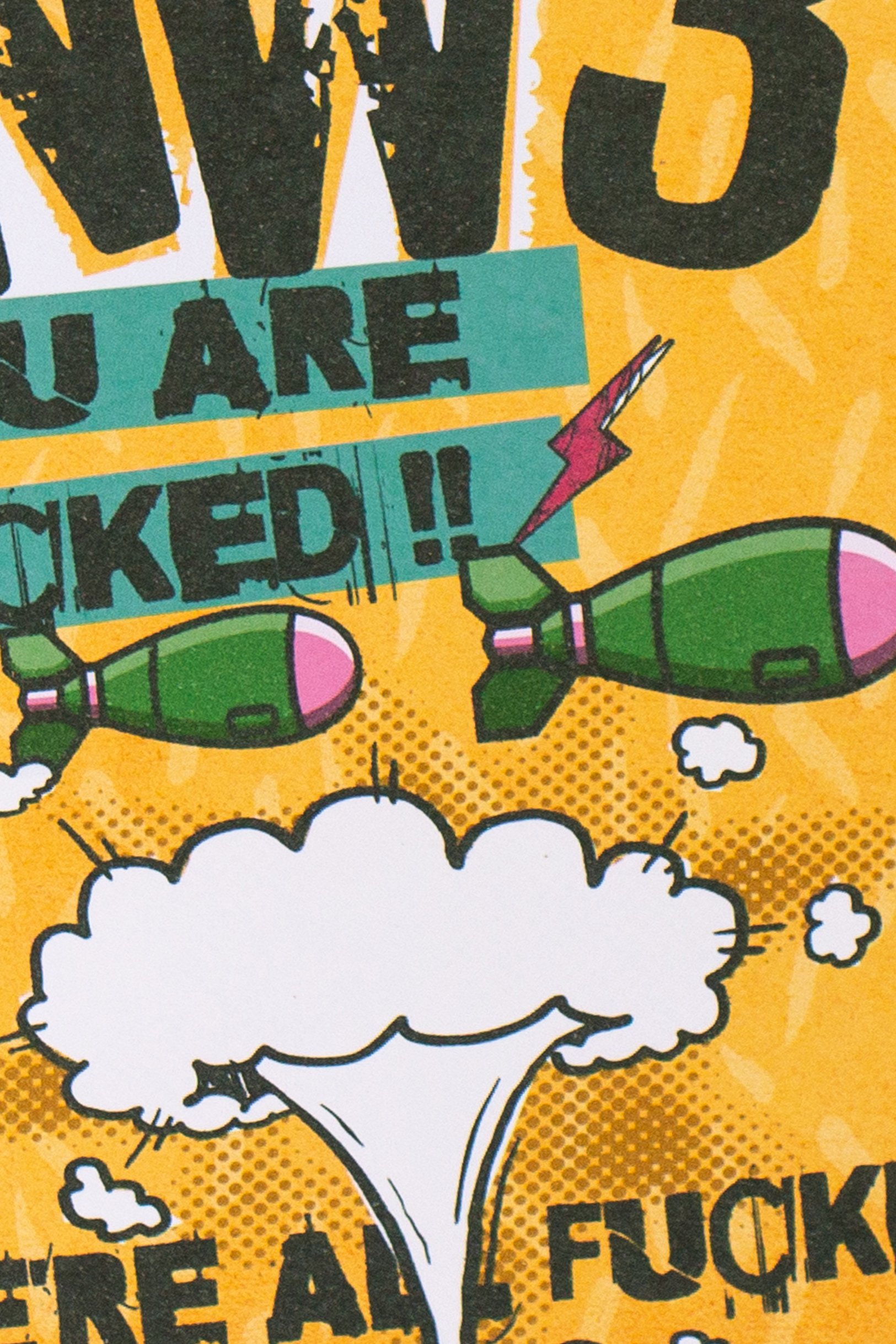 This comic-style bombs & mushroom cloud humor card is available wholesale - perfect for when life feels apocalyptic.