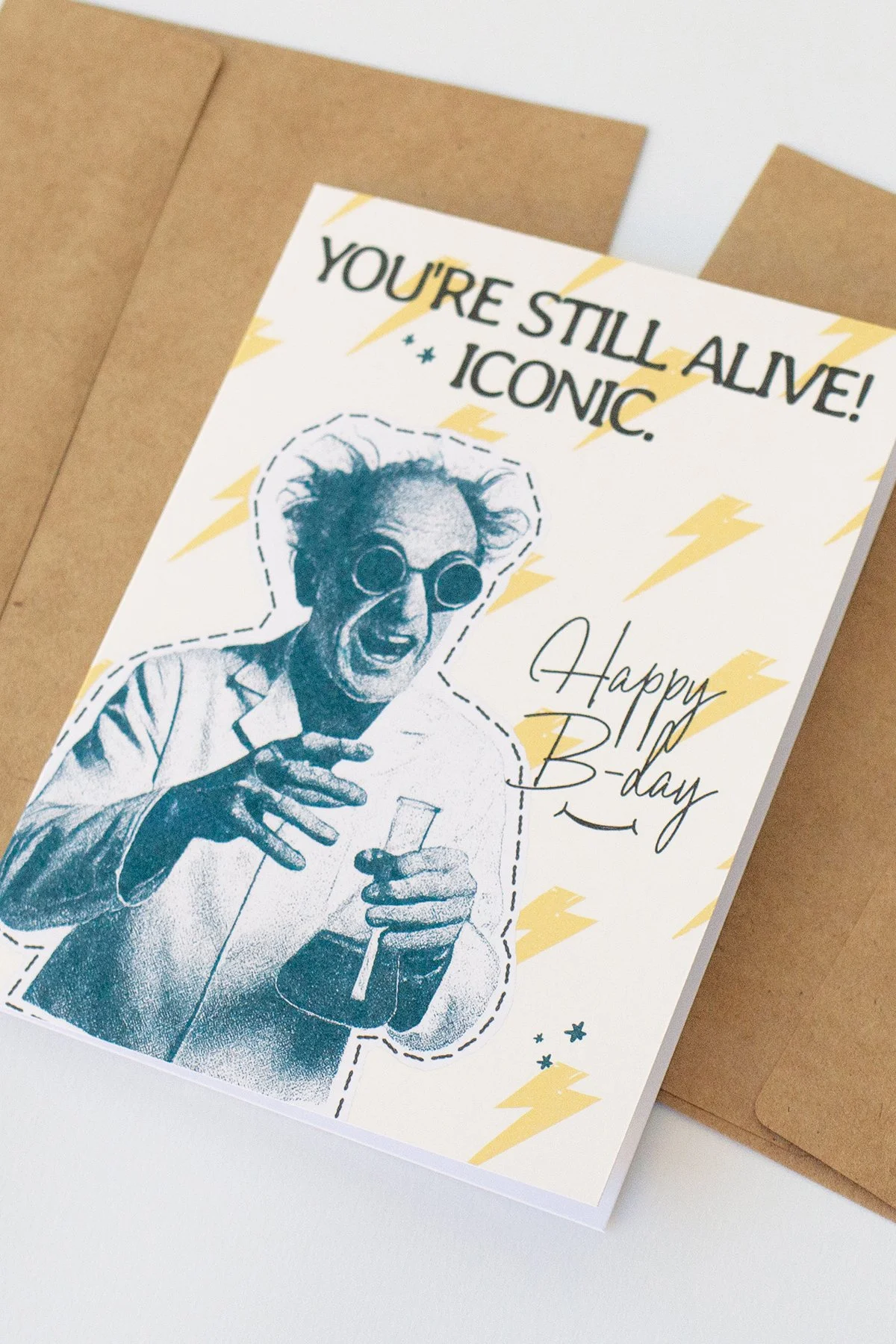 Sarcastic, retro mad scientist birthday card with lightening bolts