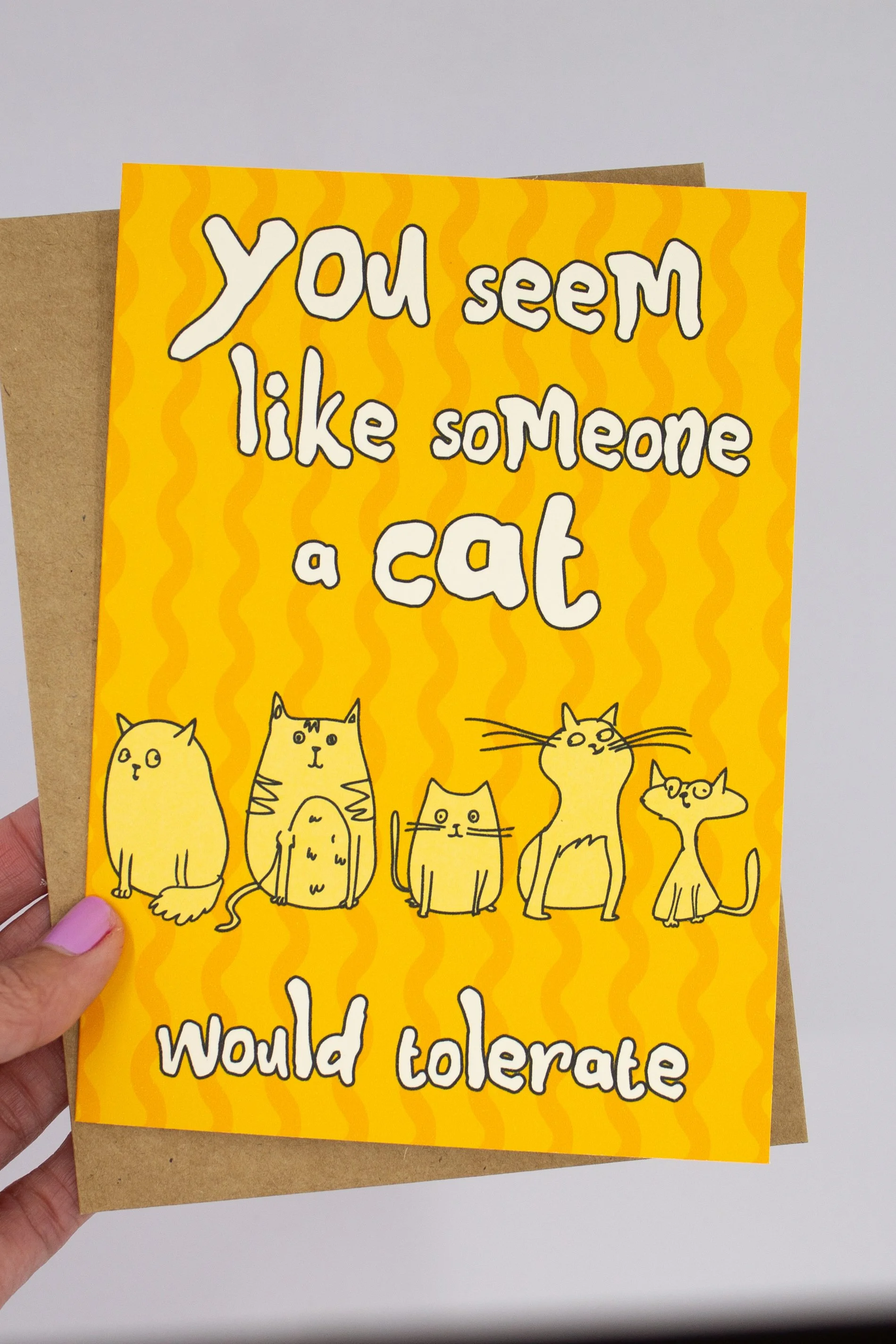 funny kitty humor card featuring cute cat line drawing illustrations, with the message "You seem like someone a cat would tolerate."