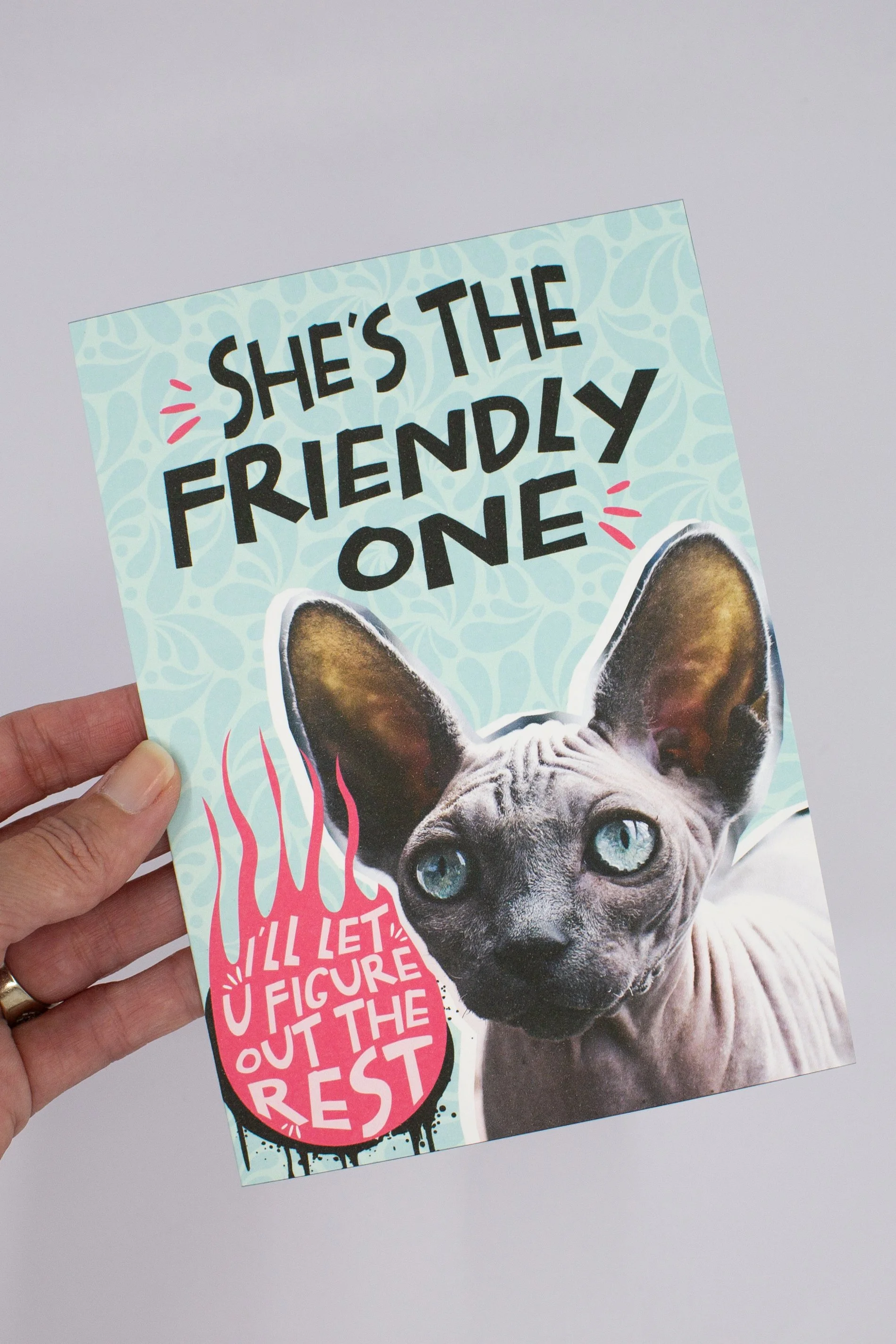 This adult humor card features a hairless cat with the slightly suggestive message “She’s the friendly one… I’ll let you figure out the rest.”