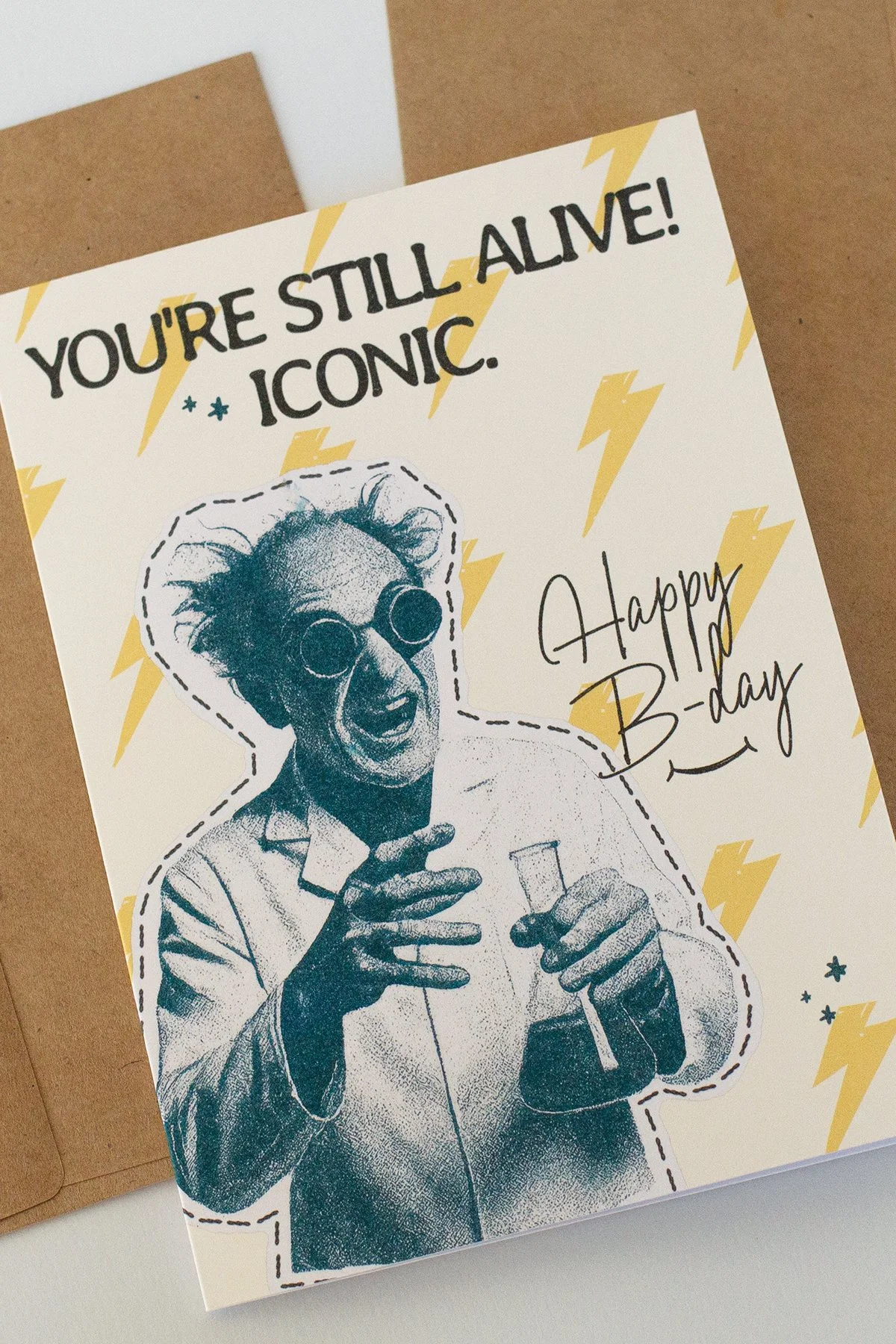 Sarcastic, retro mad scientist birthday card with lightening bolts