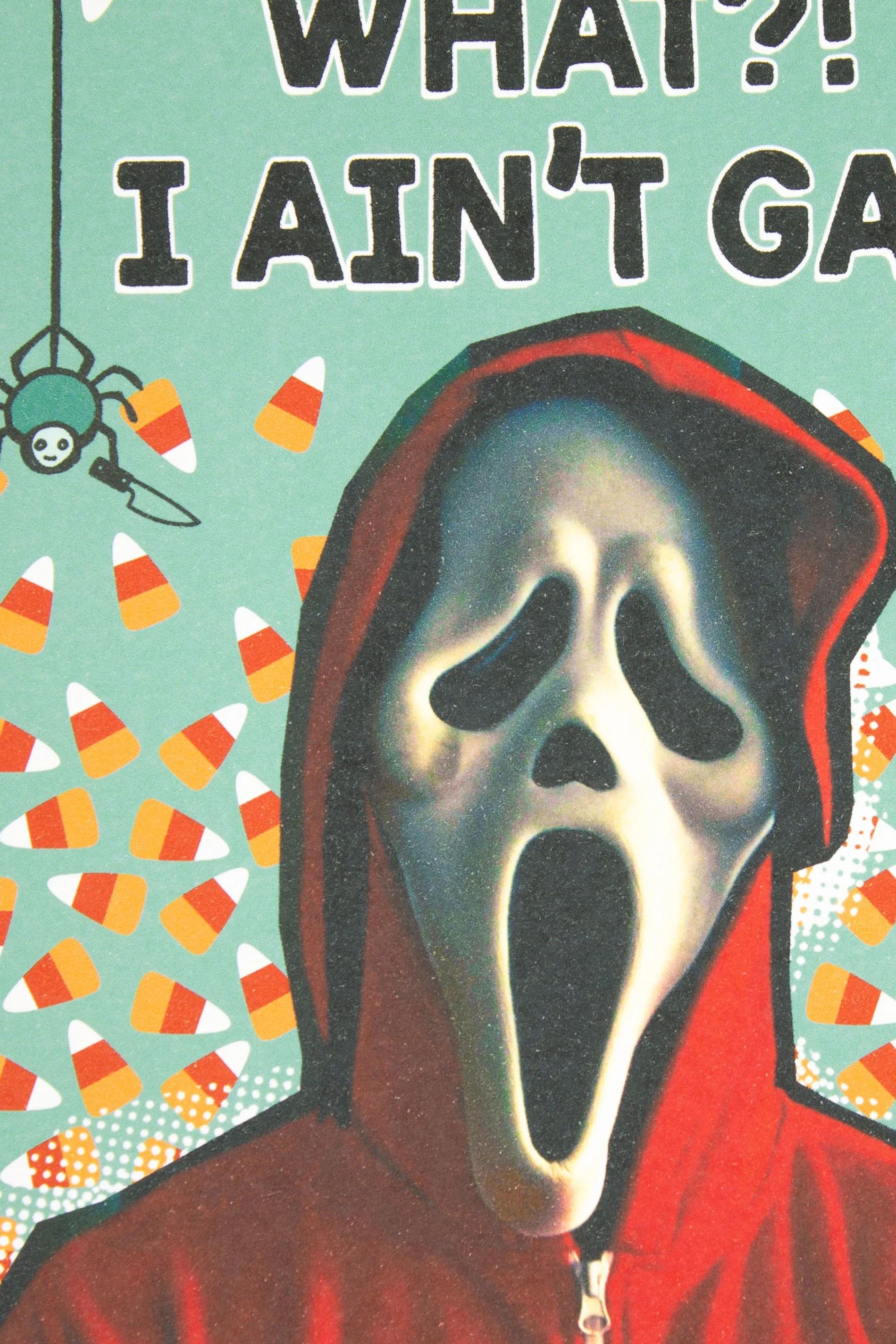 Parody style 2000s Scary Movie quote, Scream movie inspired Halloween card.