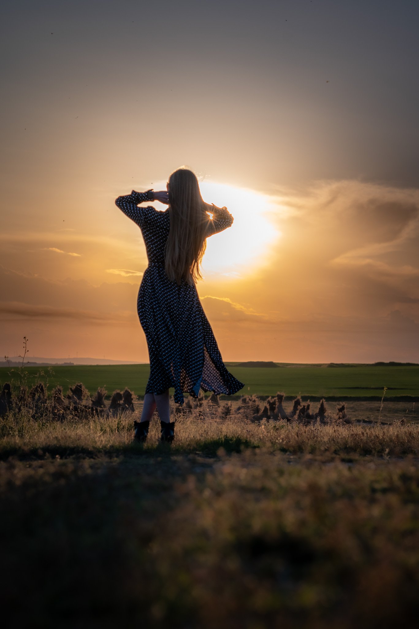 Silhouette of a woman in a dress standing in a field, looking at a sunset.