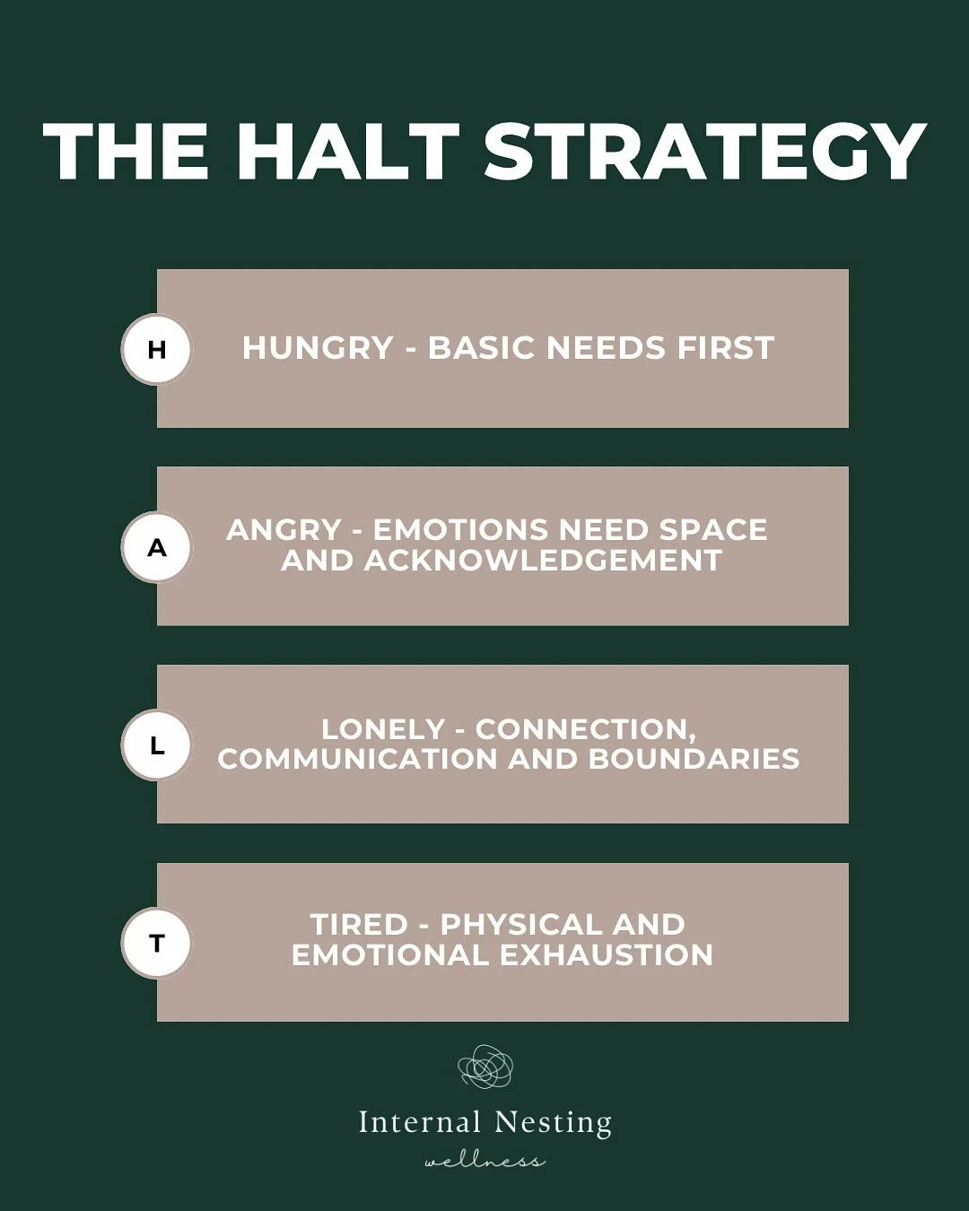 When we become parents, it&rsquo;s easy to run on autopilot meeting everyone else&rsquo;s needs before our own.
But our emotional reactions are often messages from the body, asking us to pause and check in.

The HALT strategy helps you do just that:
