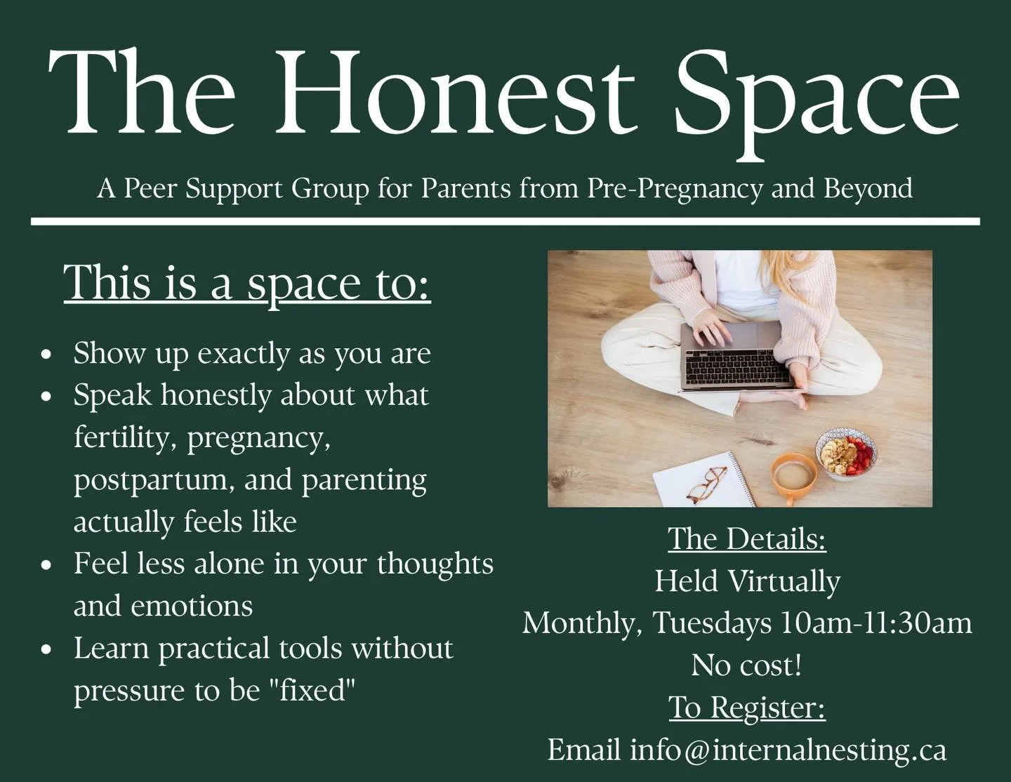 Update! The Honest Space will be moving to Tuesdays! Our next session is Tuesday, March 10 from 10am-11:30am.

This group is able to be offered for free for the next 2 years all because of the amazing support from @floraswalkhamilton !

For informati