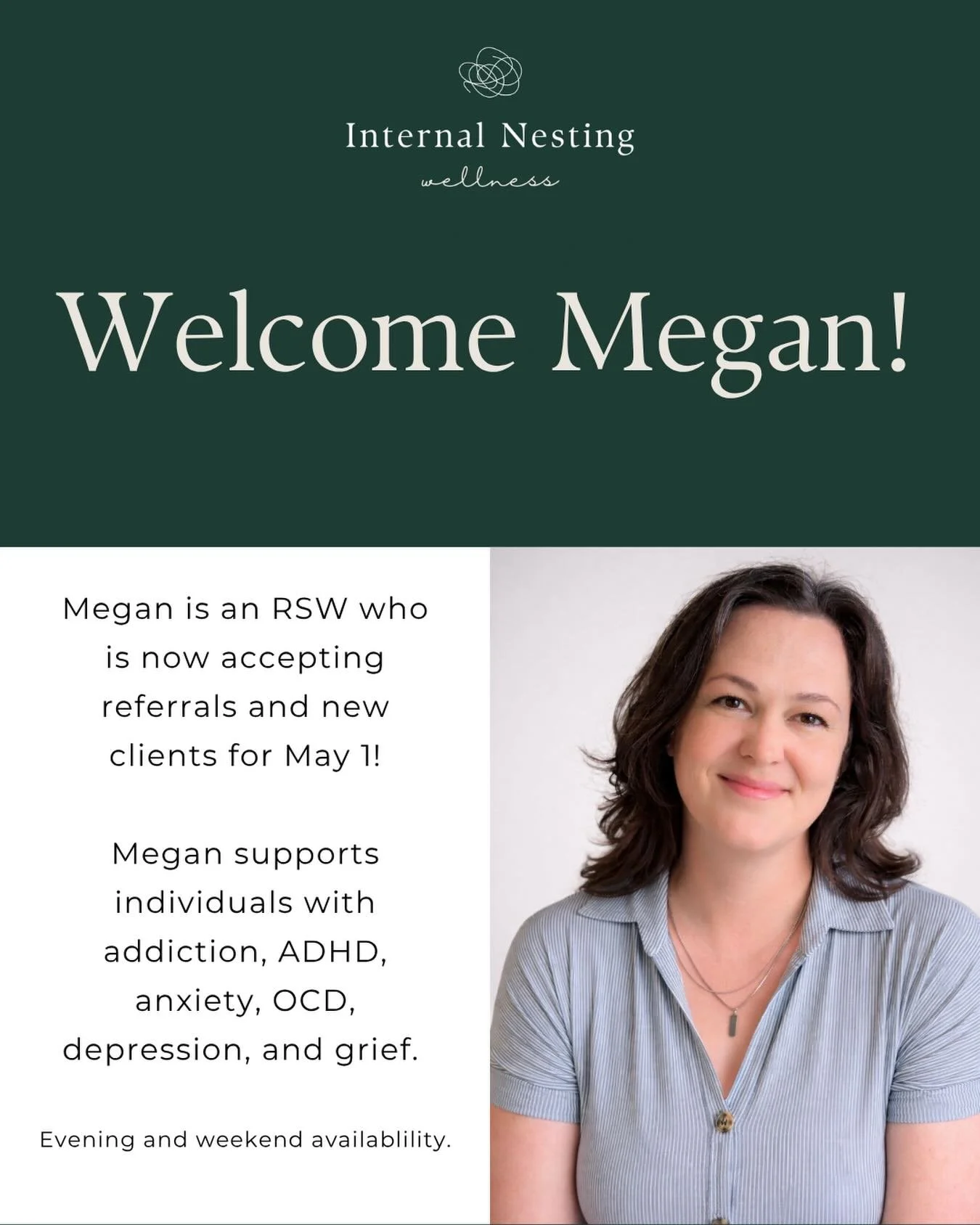 I am so excited to welcome Megan MacKenzie (RSW) to the Internal Nesting team!

Megan has extensive experience working with concurrent disorders in hospital settings. She offers a collaborative, compassionate approach to therapy, tailored to an indiv