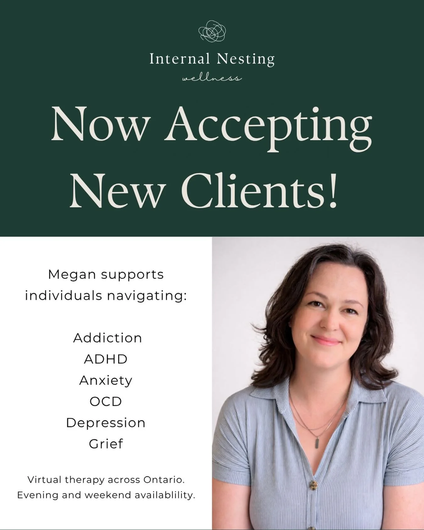 Now accepting new clients!

Megan is an RSW who supports individuals navigating:
&bull; Addiction &amp; substance use
&bull; ADHD
&bull; Anxiety &amp; OCD
&bull; Depression
&bull; Grief
&bull; Motivation &amp; behaviour change

Megan&rsquo;s approach