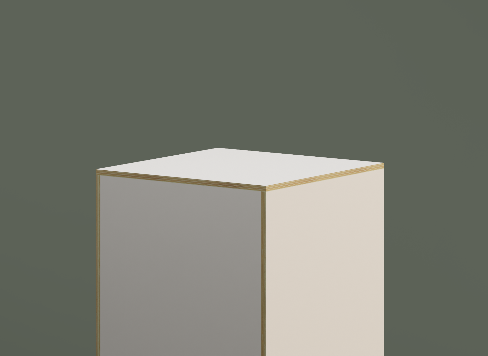 Minimalist cube with white top and light gray sides on dark background