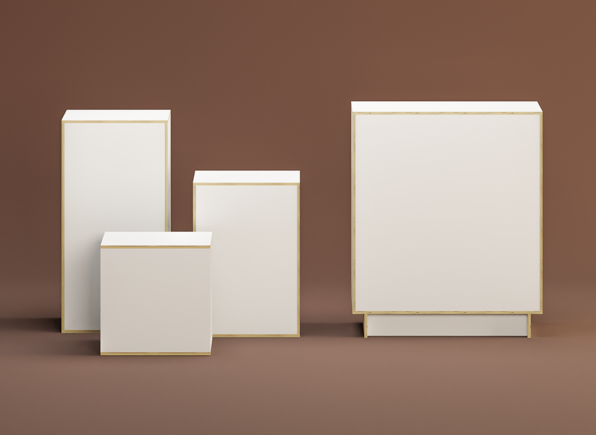 Four white rectangular pedestals of varying heights with gold trim against a brown background.