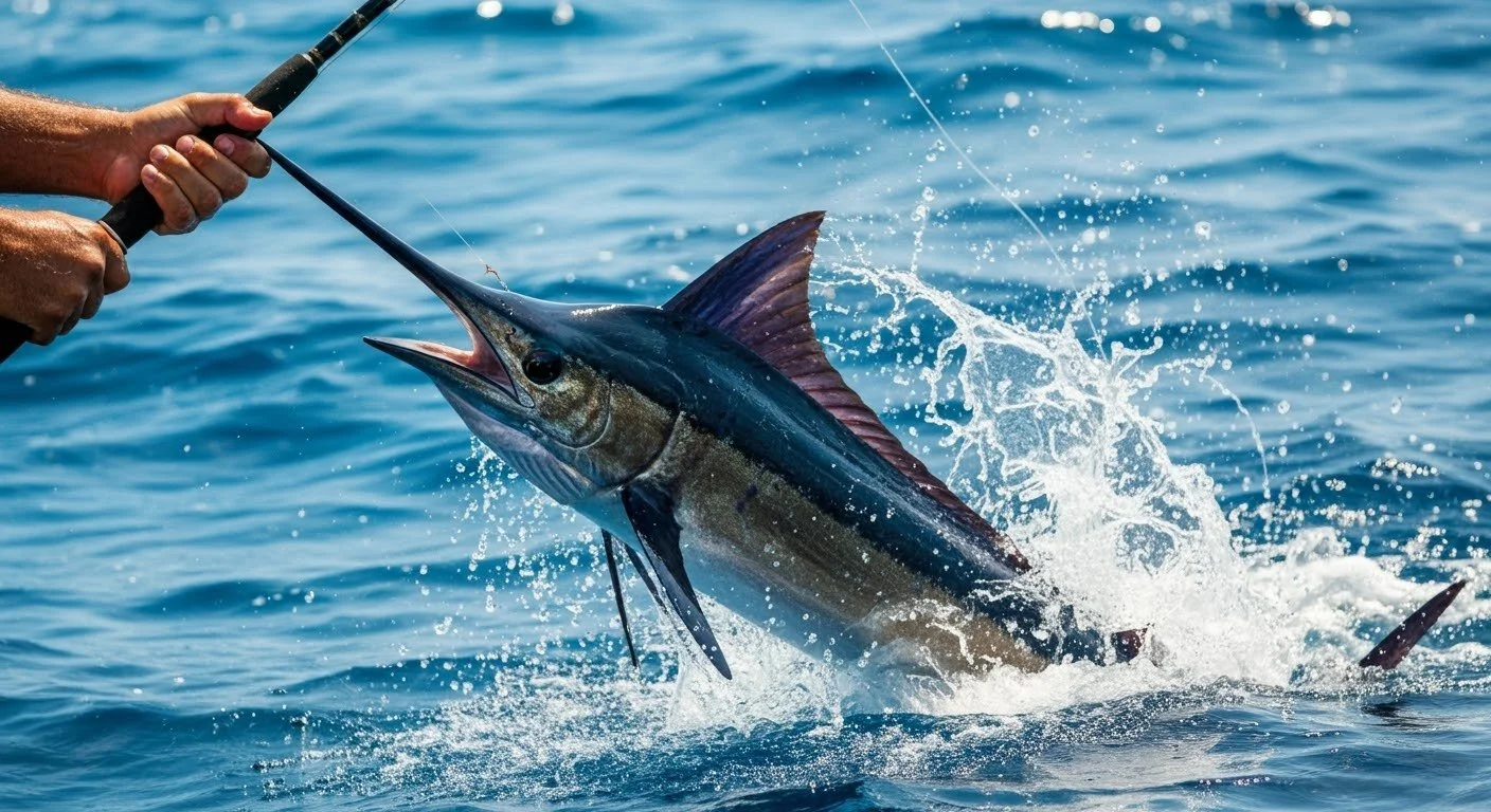 A person fishing on a boat catches a large marlin fish in the ocean.