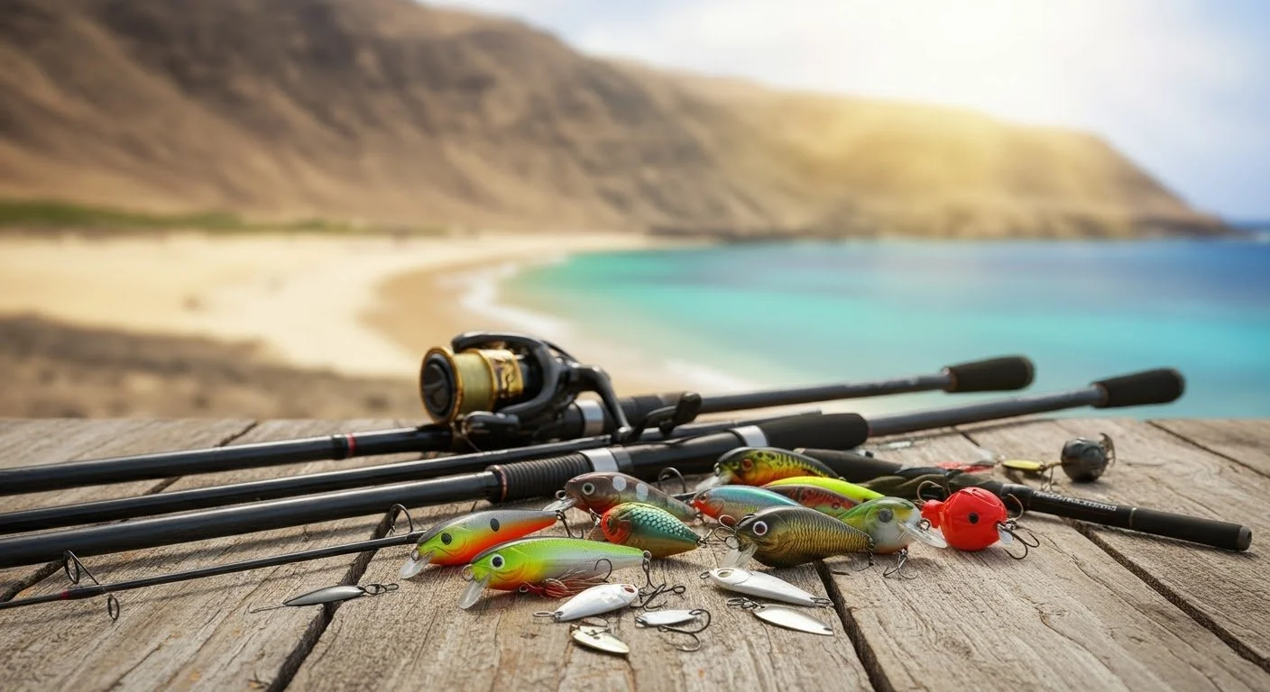 Fishing rods and tackle boxes on a wooden dock overlooking a sandy beach and green hills in the distance.