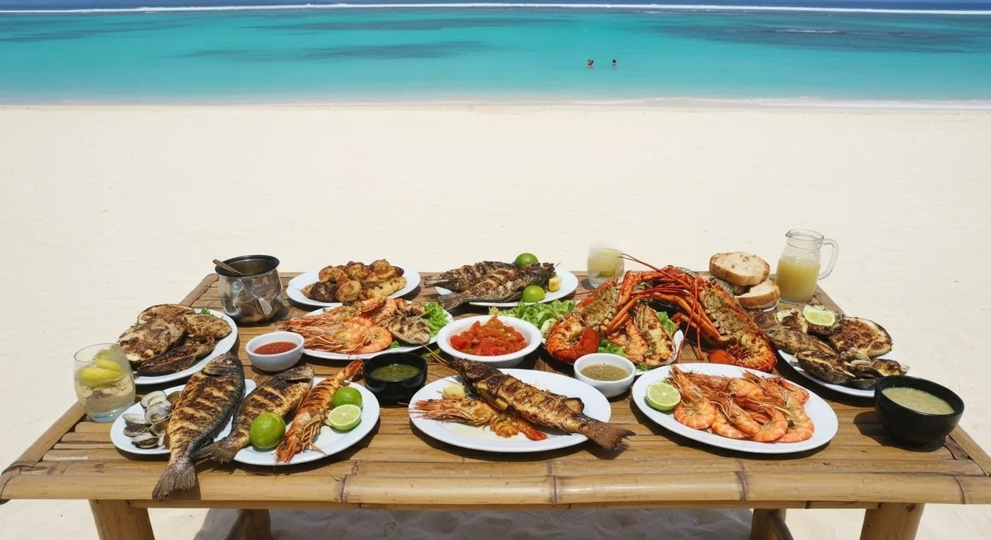 A seafood meal on a wooden table at the beach, with grilled fish, shrimp, lobster, oysters, sauces, lime, and drinks, overlooking the ocean.