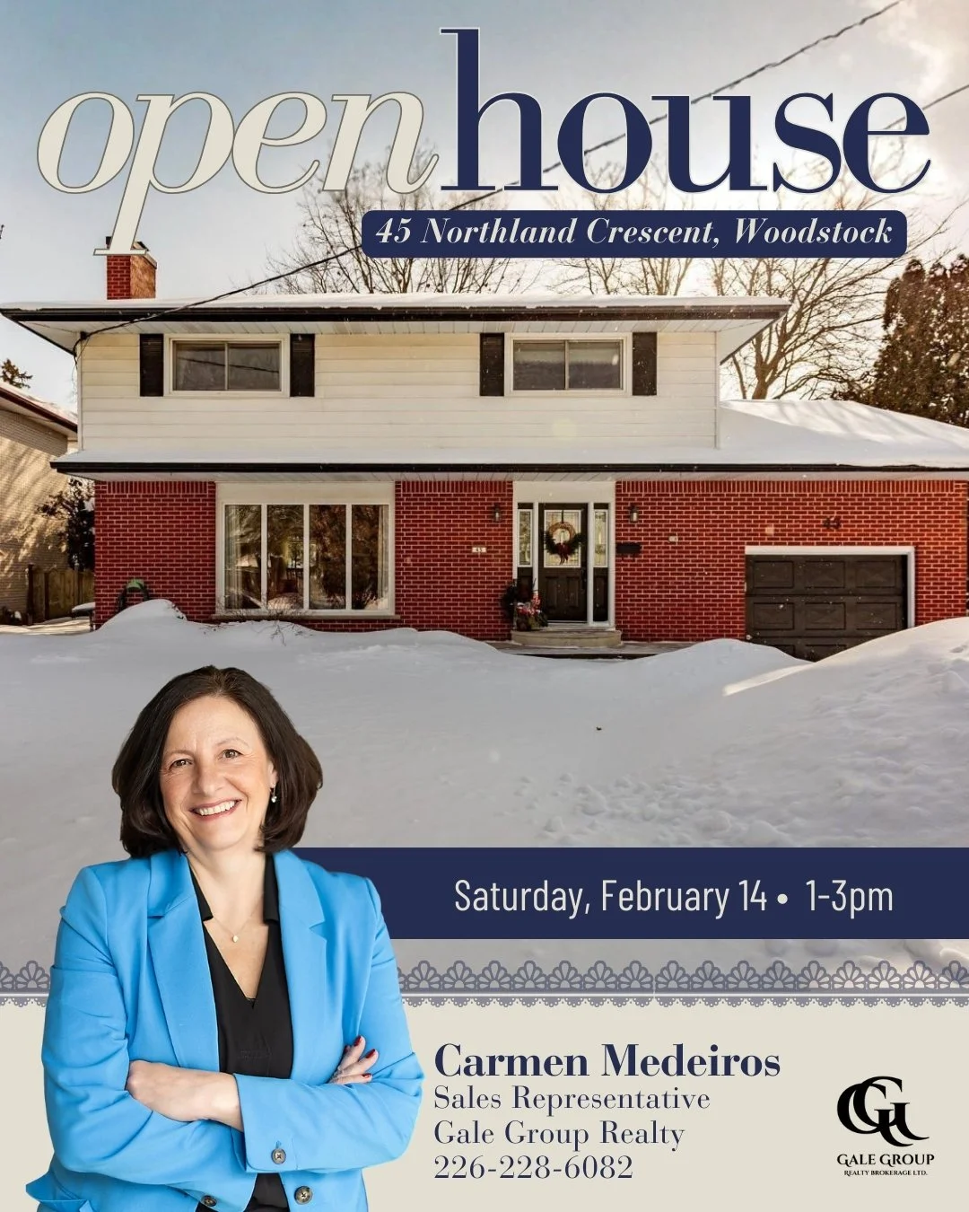 OPEN HOUSE 📍45 Northland Crescent, Woodstock
Saturday, February 14 | 1&ndash;3 PM
$659,900

Bright, spacious, and move-in ready, this 4-bedroom, 3-bathroom family home is located in desirable North Woodstock on a large reverse pie lot with mature tr