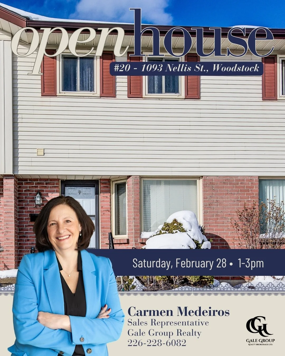 OPEN HOUSE 📍20-1093 NELLIS STREET, Woodstock
Saturday, February 28 | 1&ndash;3 PM
$399,900

Welcome to this well-maintained 3-bedroom, 1.5-bath two-storey condo ideally located in the heart of Woodstock. Pride of ownership shines throughout, highlig