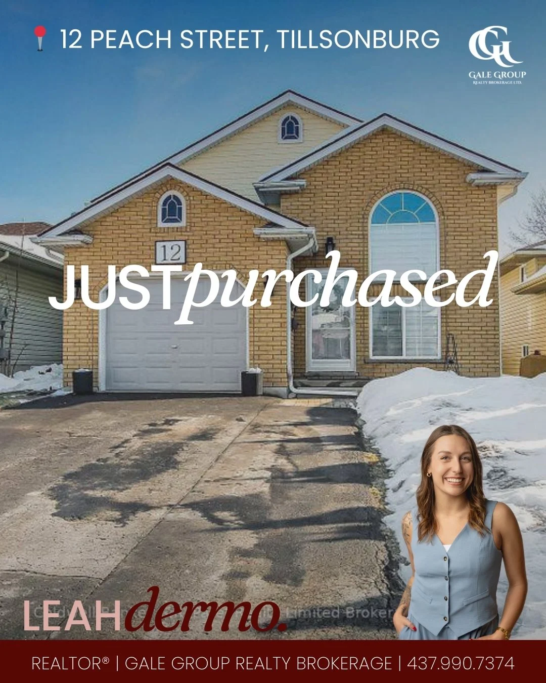JUST PURCHASED📍12 Peach Street, Tillsonburg

Leah helped her clients secure this wonderful home, and we couldn&rsquo;t be happier for them! Wishing them all the best as they begin this exciting new chapter.

Leah Dermo
Sales Representative
Gale Grou