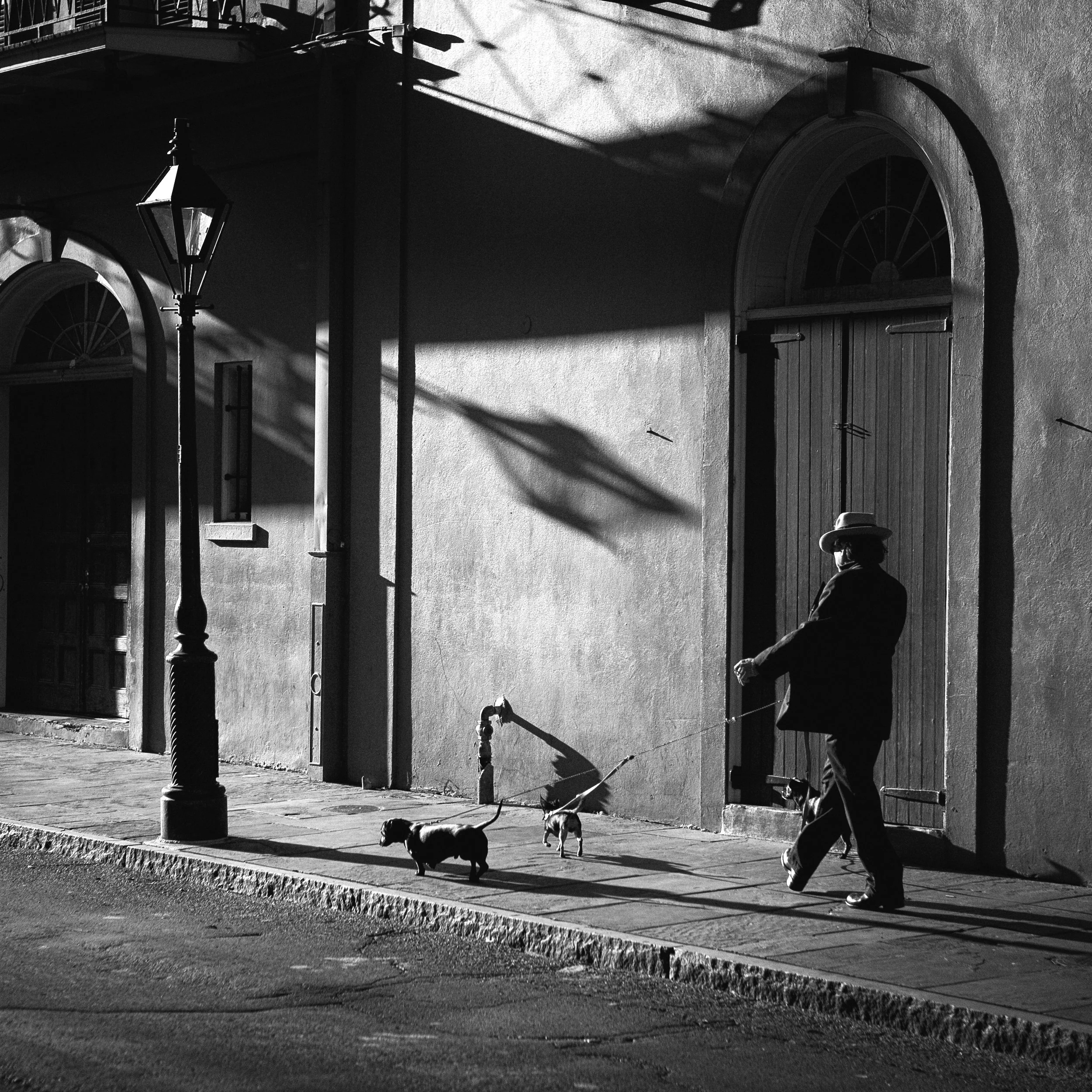 A man walking a dog along a sidewalk in front of a building with a door and arched windows, casting shadows in black and white.