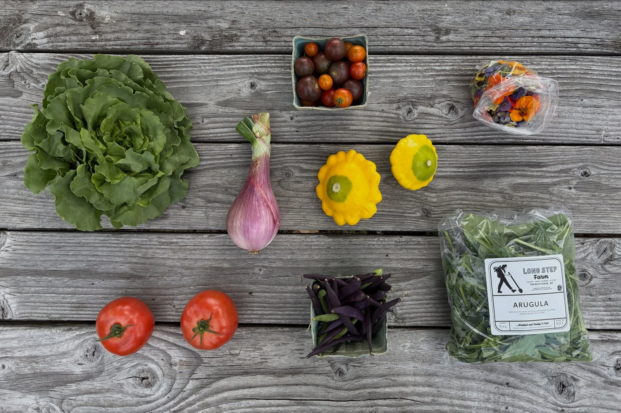 Summer CSA week 10. Can&rsquo;t believe we&rsquo;re already halfway through! This week&rsquo;s family share includes lettuce head, arugula, shallot, patty pan squash, cherry tomatoes, slicer tomatoes, green beans and edible flowers. This week&rsquo;s