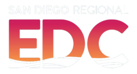 Logo of San Diego Regional EDC with large pink and orange gradient letters 'EDC' and smaller white text above that reads 'San Diego Regional'.