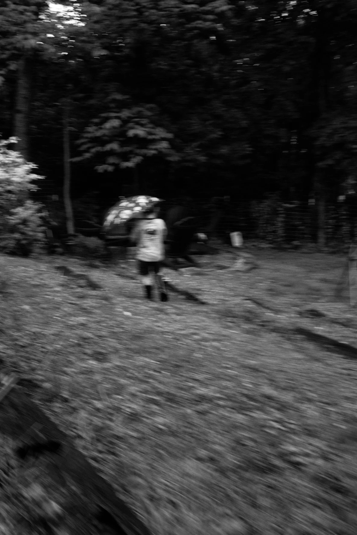 A black and white photograph of a child walking with an umbrella on a grassy, slightly sloped area near trees.