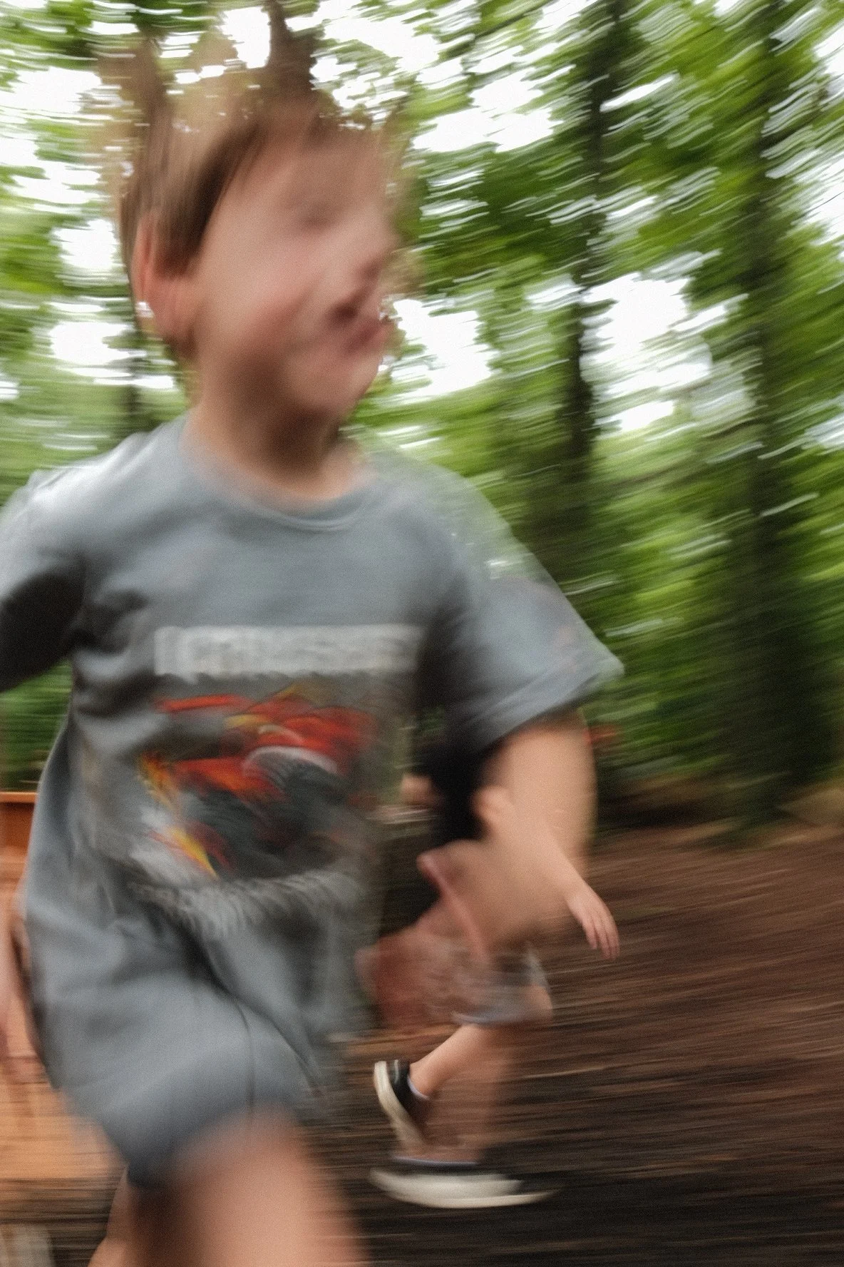 A young boy running outdoors among trees with green leaves, wearing a gray T-shirt with colorful graphics, captured in motion with a blurred background.