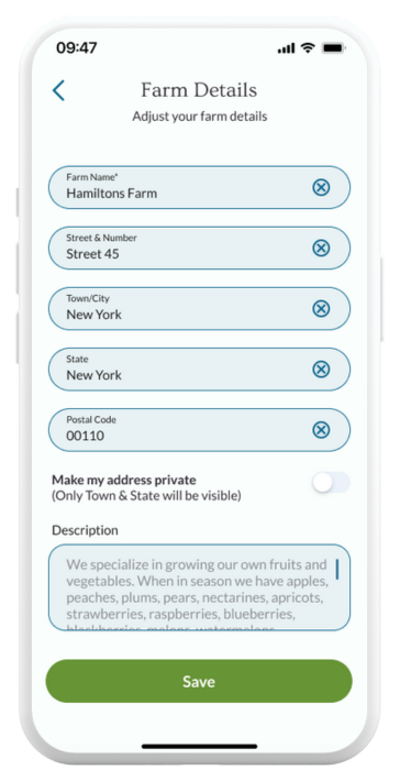 Mobile app screen displaying farm details with fields for farm name, address, and a description box. Options to make address private and a 'Save' button at the bottom.