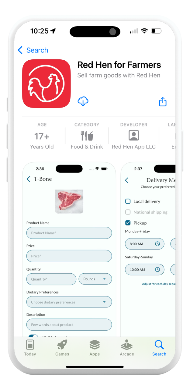 Screenshot of a mobile app named 'Red Hen for Farmers' for selling farm goods, showing sections for product details and delivery options, with an icon of a red hen on a white background.