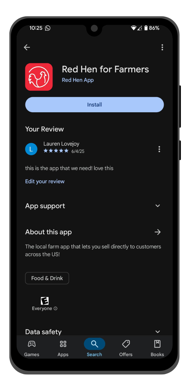 Smartphone screen displaying the download page for the 'Red Hen for Farmers' app, showing an install button, a user review, app description, and category.