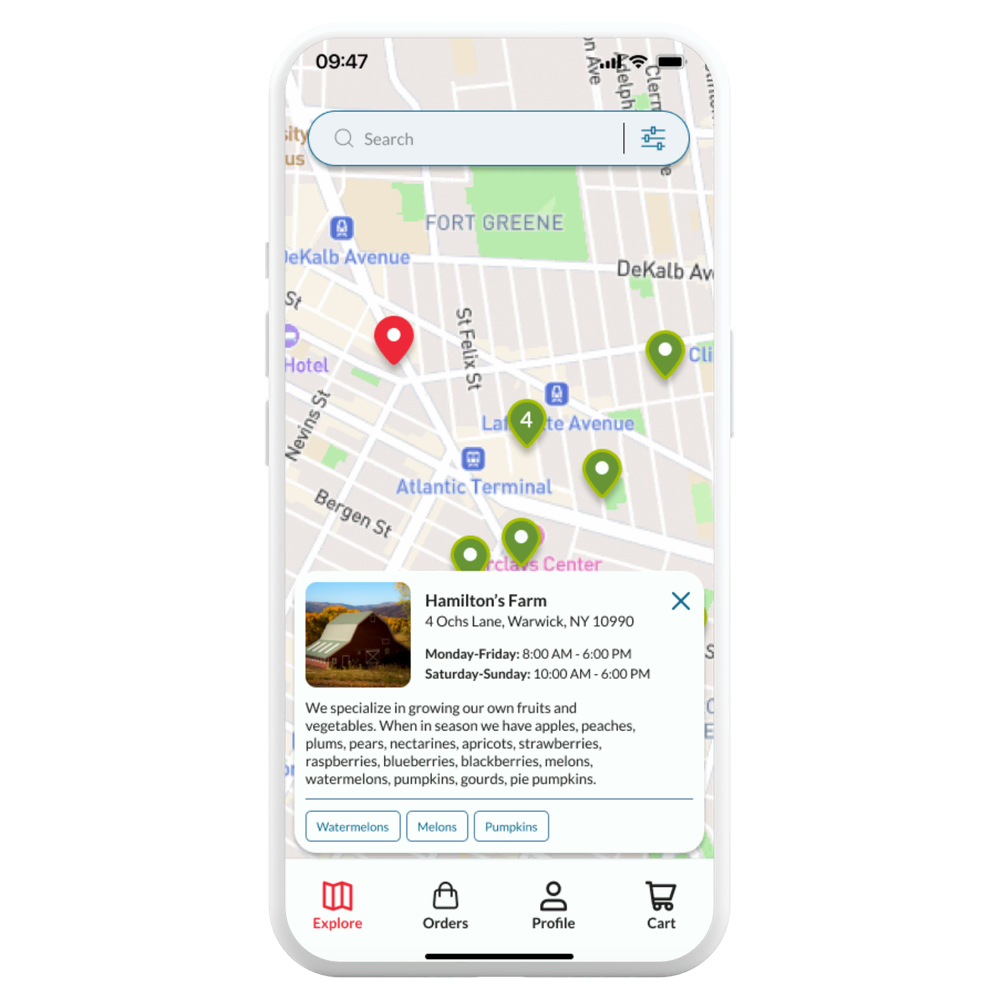 Red Hen app: a map of farms near you, with a farm's card listing what it sells