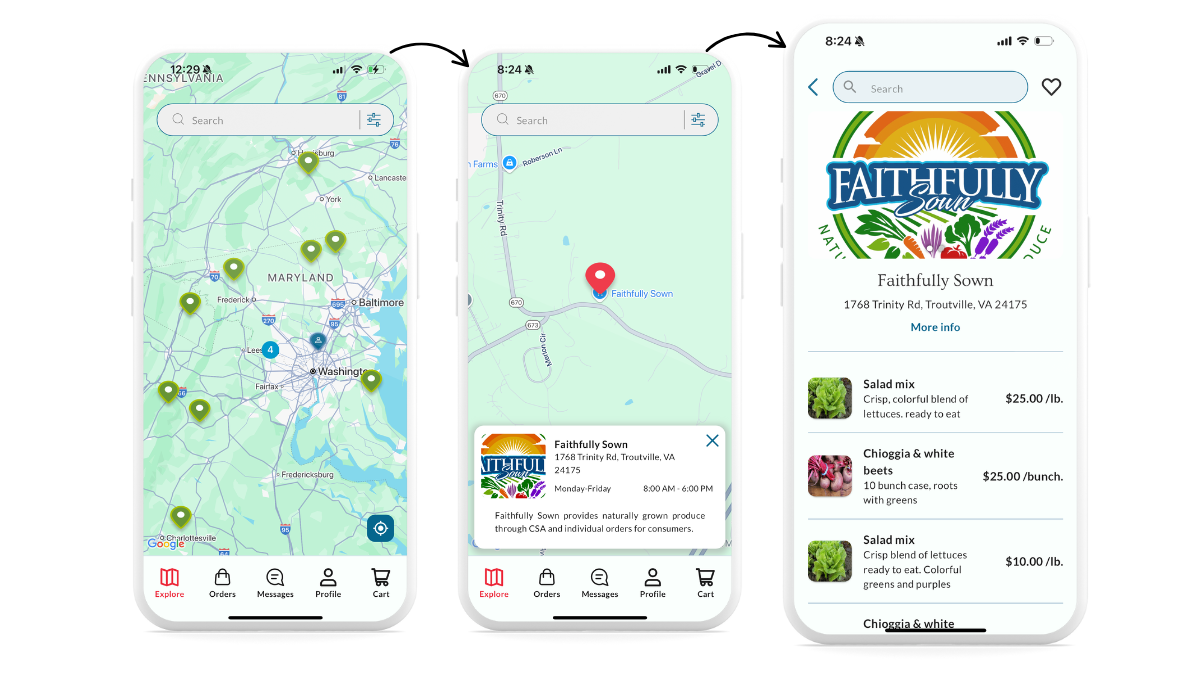 Red Hen mobile app showing local farms and fresh produce available for pickup and delivery