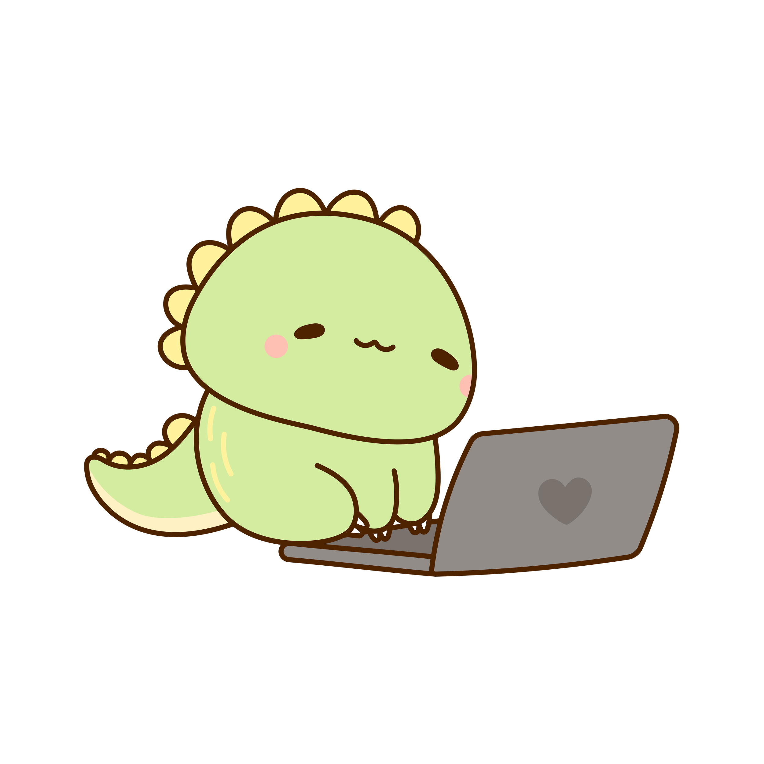 Cute cartoon dinosaur sitting and watching a laptop with a heart symbol on it, in front of a black background.