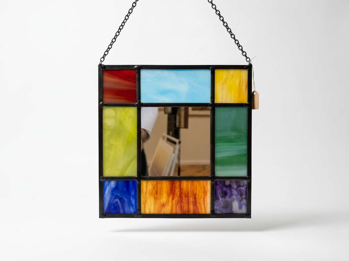 Colorful Geometric Stained Glass Panel with Mirror