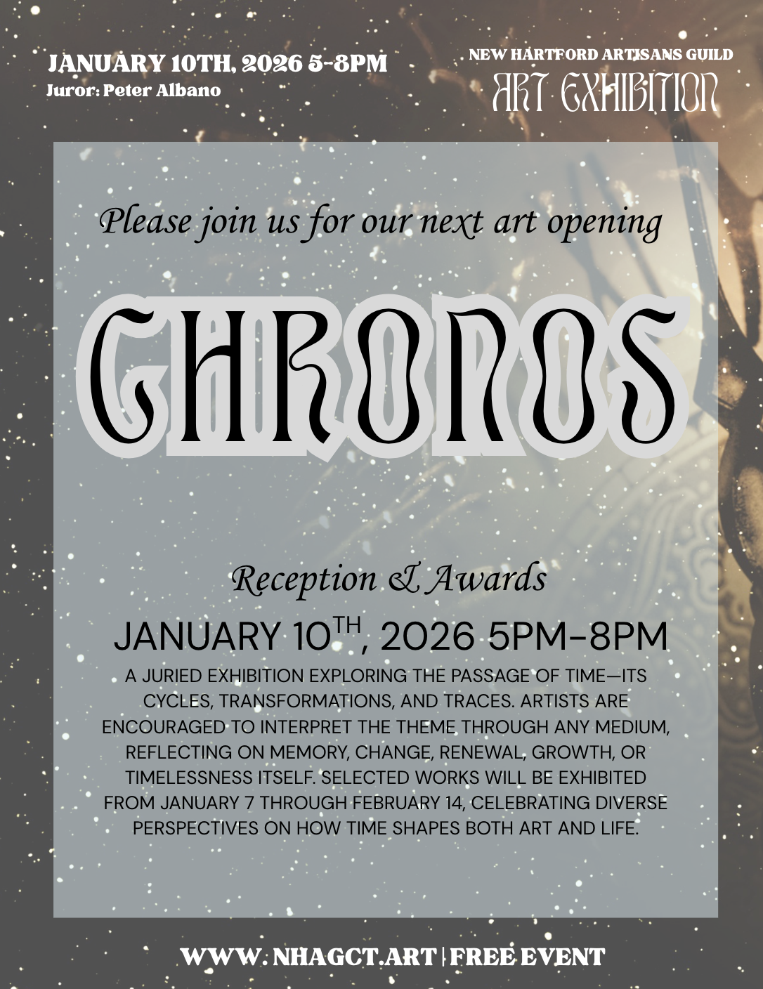 A dark gray flyer that says Cronos in big letters and calls to action for the reception January 10th 5-8 PM at The New Hartford Artisans Guild
