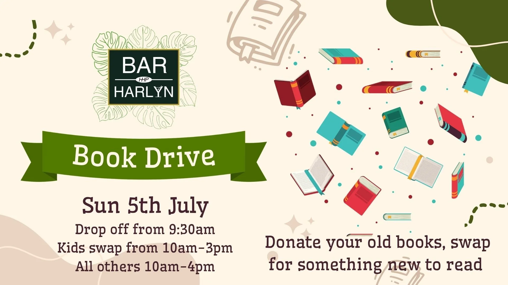 Book Drive @barharlyn 10am - 4pm 