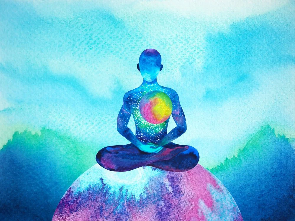 A stylized illustration of a person meditating in a cross-legged pose, with a cosmic scene inside their body, sitting on a planet or sphere, against a vibrant watercolor background.