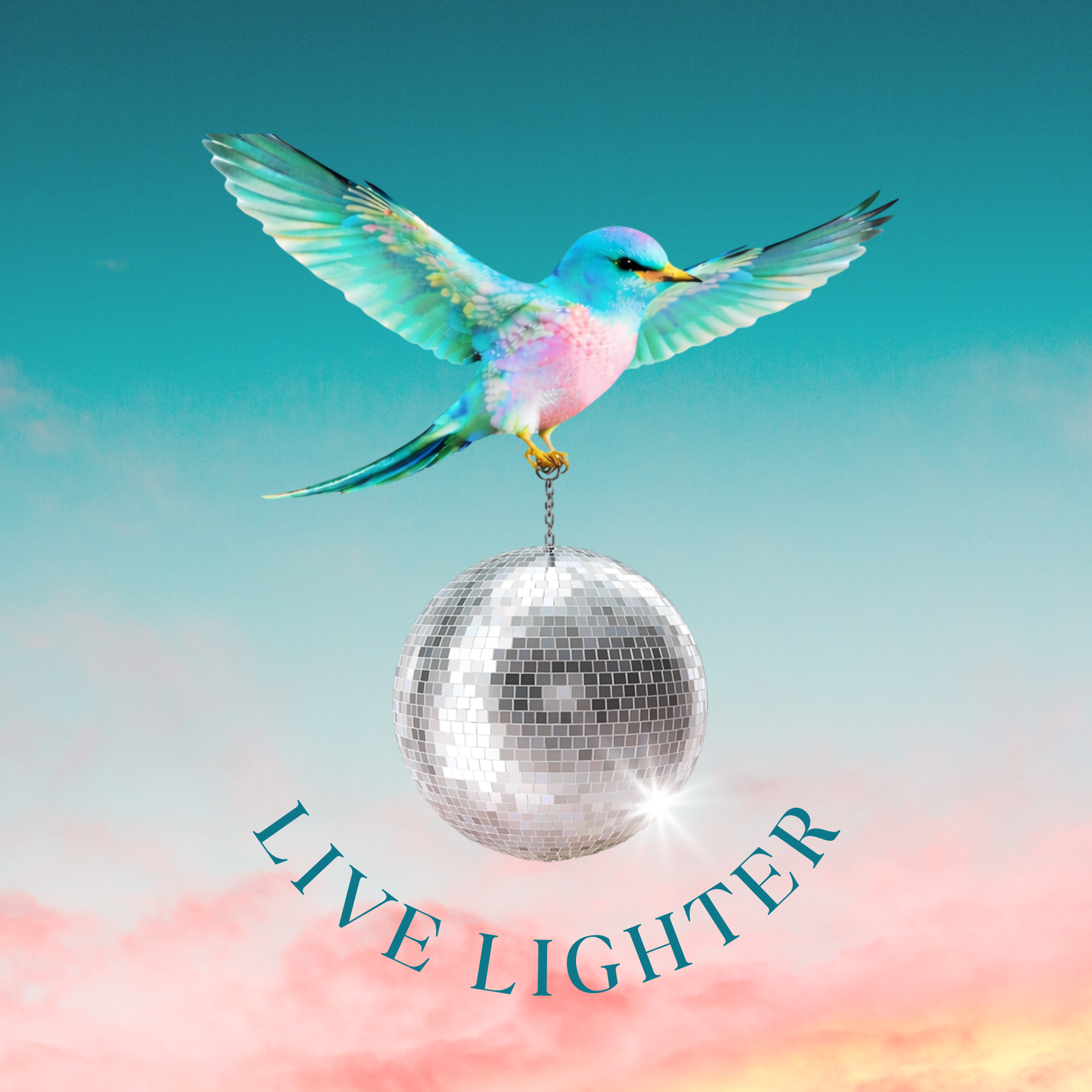 A colorful bird with outstretched wings flying while carrying a disco ball with the phrase "LIVE LIGHTER" curved around it, set against a turquoise sky with pink clouds.