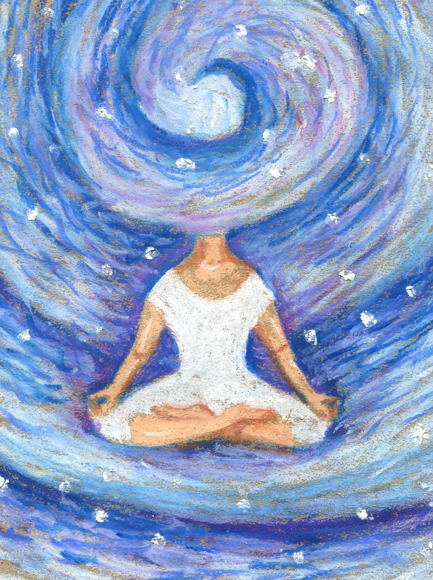 An abstract painting featuring a blue spiral pattern resembling a spiraling galaxy, with a human figure in a meditative pose sitting bottom center, and stars scattered throughout the background.