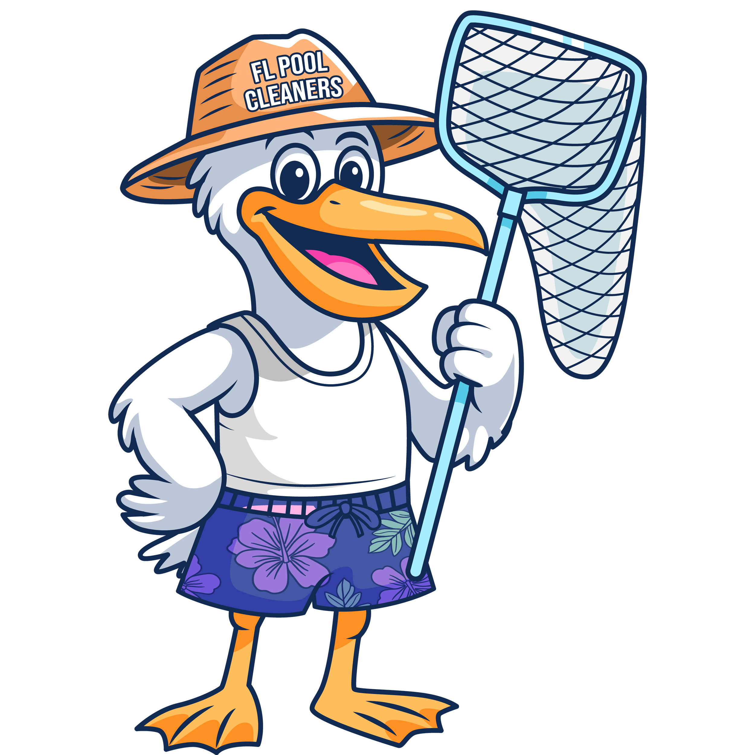Cartoon of a duck wearing a wide-brimmed hat labeled 'FL Pool Cleaners', holding a pool net, dressed in a Hawaiian shirt, and with flip-flops.