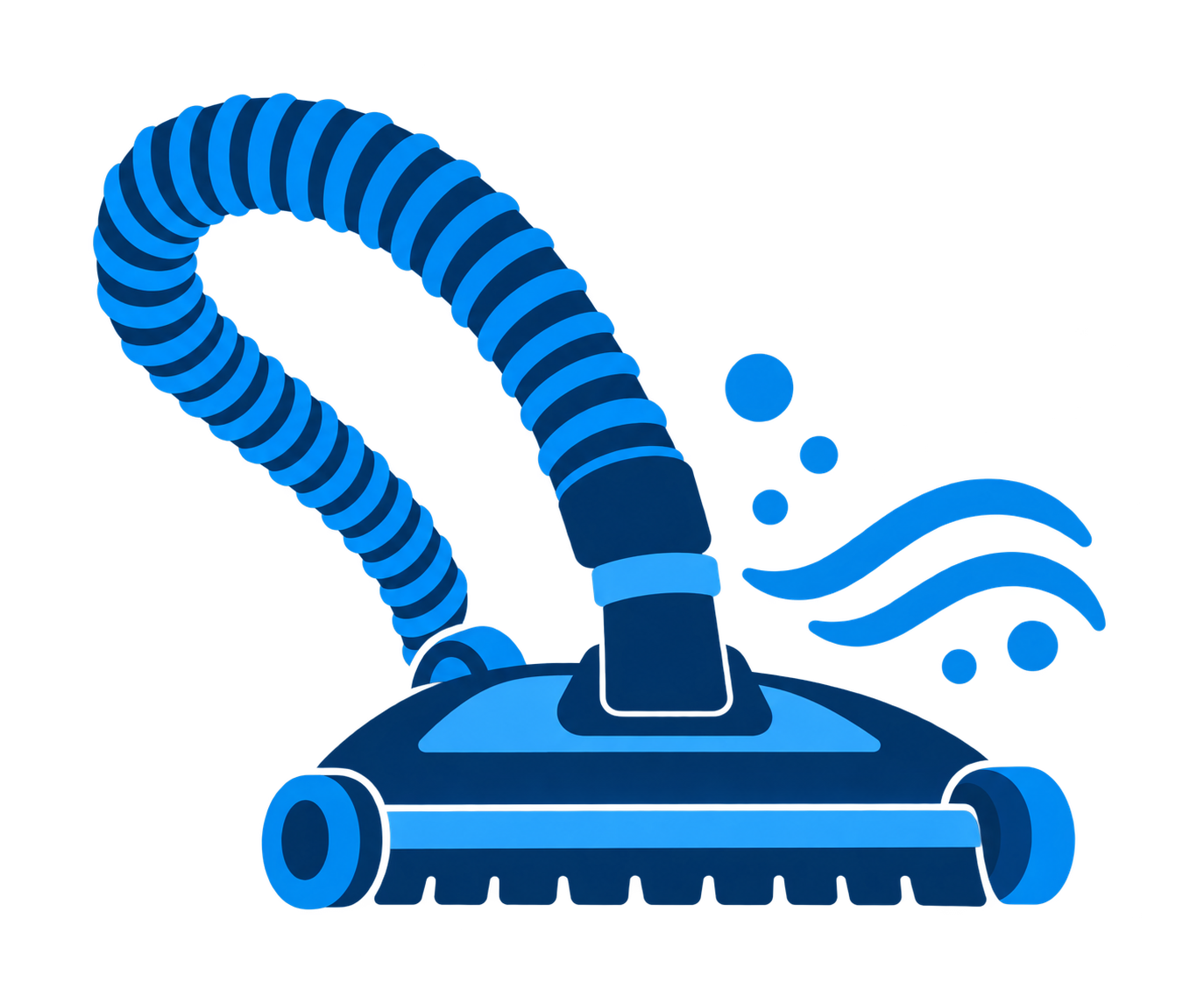 A vacuum cleaner with a flexible hose and a flat cleaning head, emitting blue lines and bubbles.