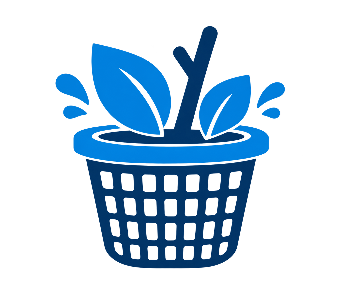 Blue graphic of a potted plant with large leaves.