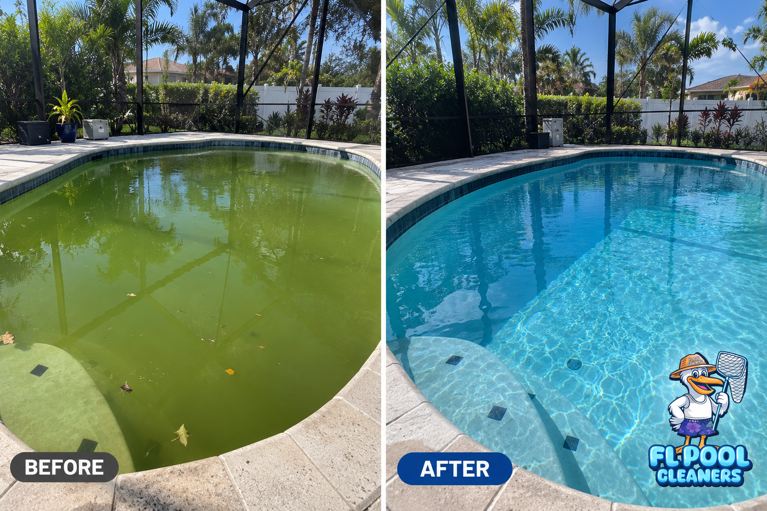 Green pool before and crystal clear after professional pool cleaning by FL Pool Cleaners