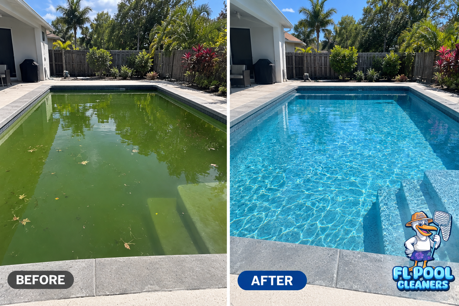 Green swimming pool before and clear blue after professional pool cleaning by FL Pool Cleaners