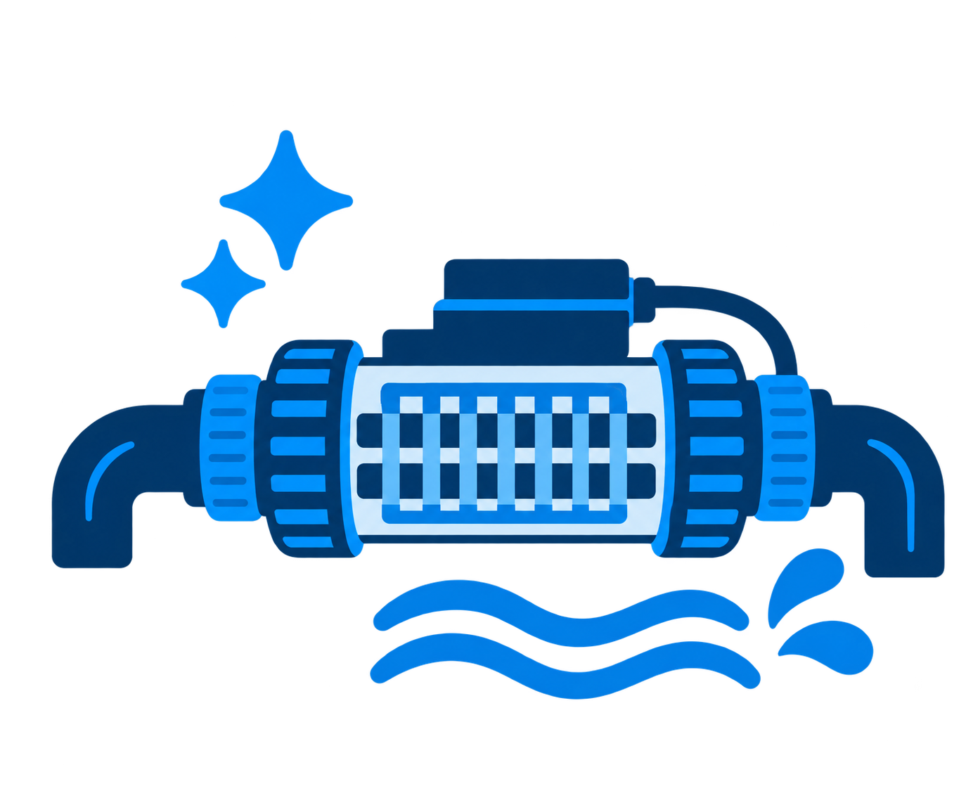 Illustration of a blue water pump with water splashing beneath it and sparkles in the air.