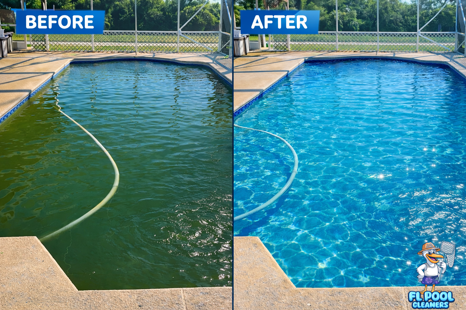 Before and after pool cleaning showing restored clear blue water