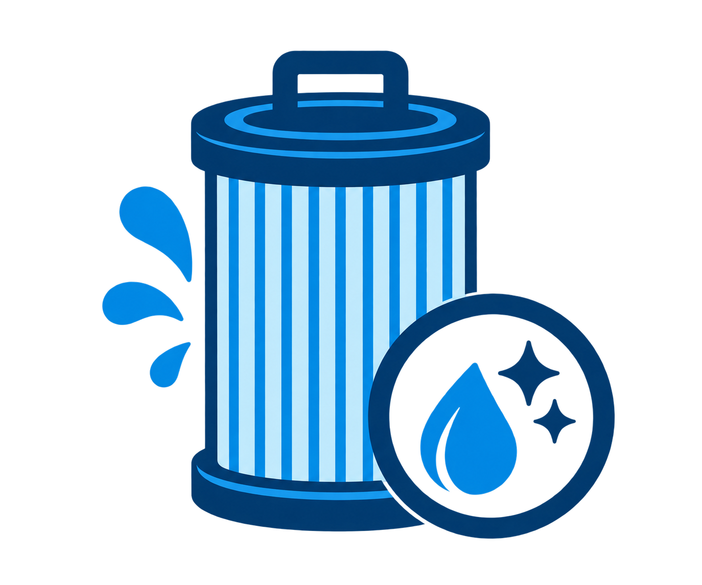 An illustration of a blue-striped water filter with water droplets and a circular icon showing a water droplet and sparkle symbols.